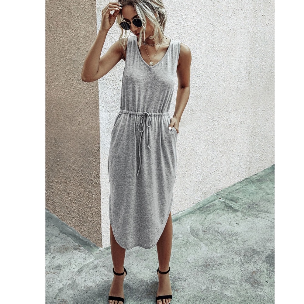 Grey Drawstring Waist Midi Casual Dress - Picture 3 of 13